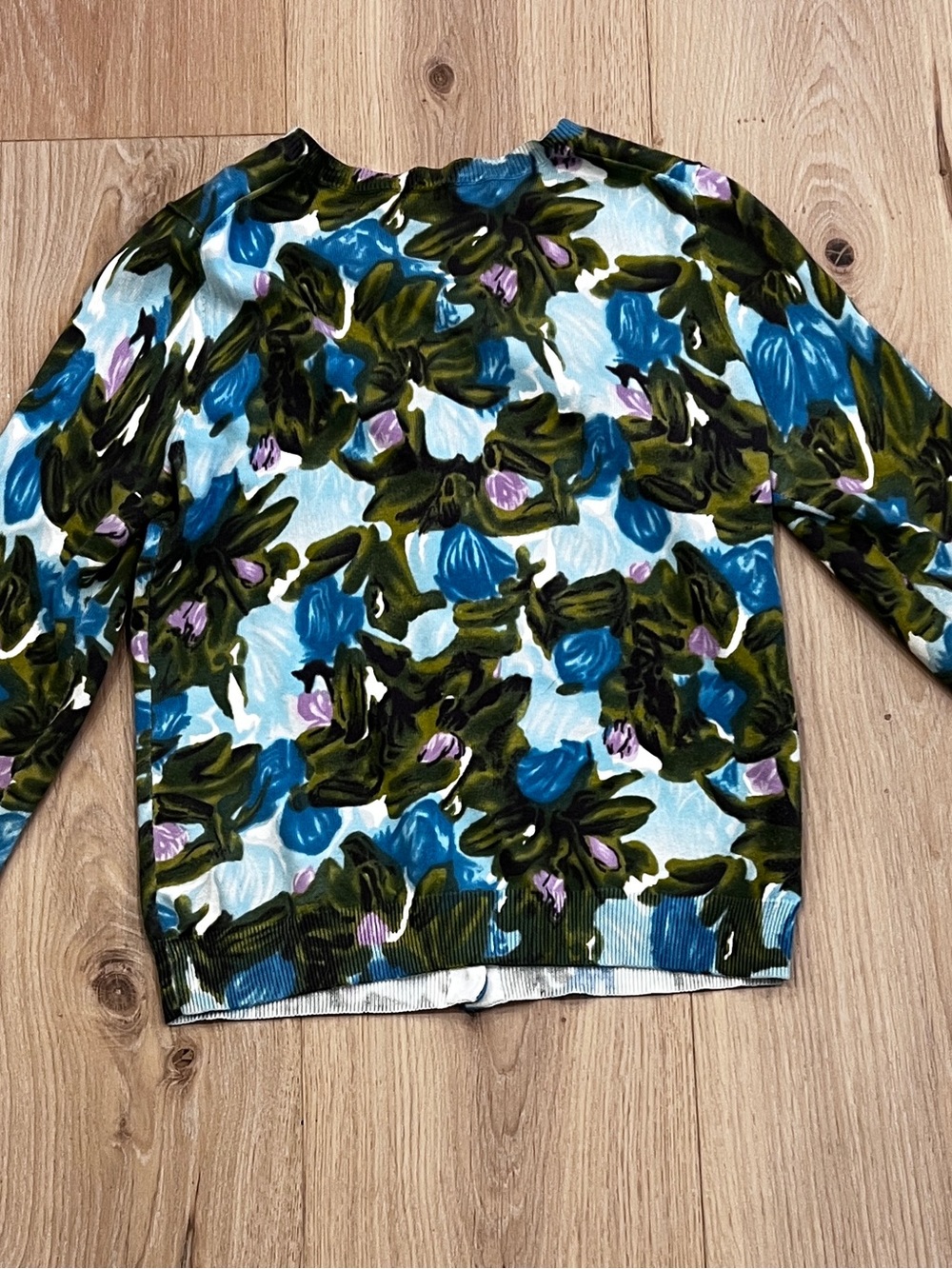 Talbots Floral Abstract Print Cardigan Size S Cotton Pearl Buttons Blue Green